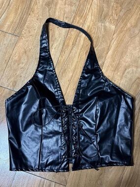 Black Faux Leather Lace-Up Halter Top